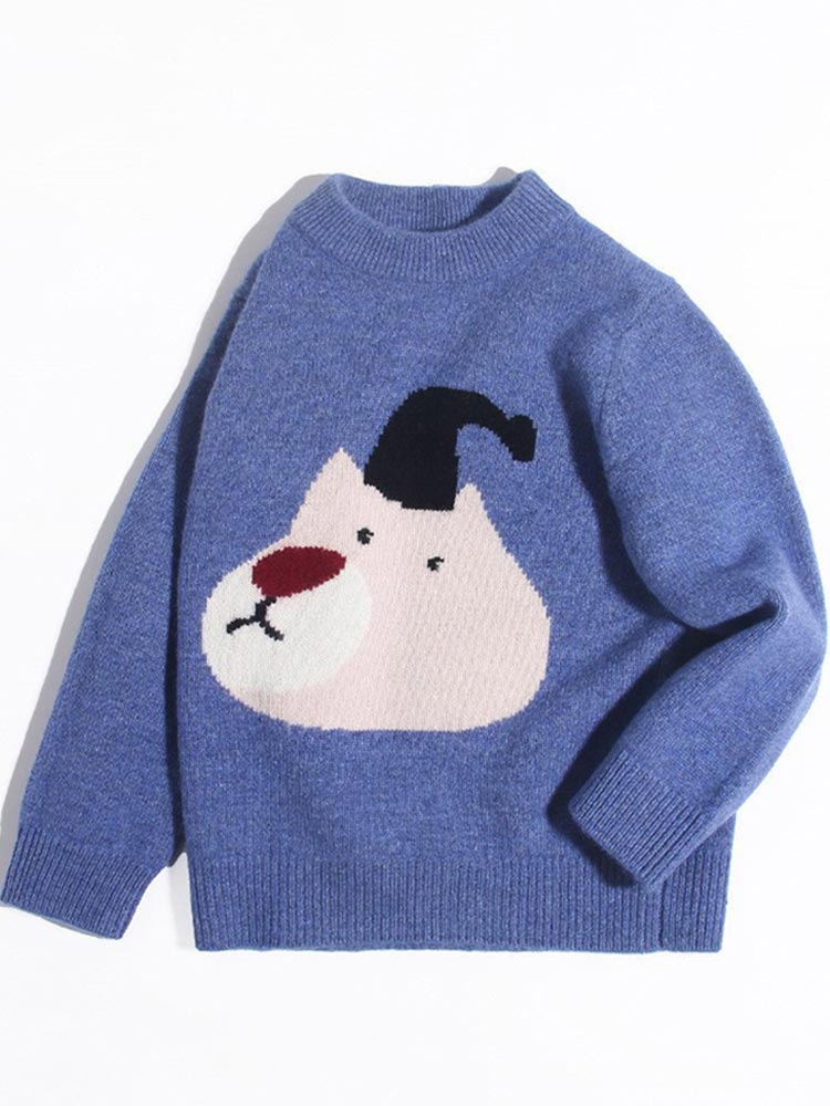 Kids Cute Bear Face Blue Cashmere Pullover Sweater